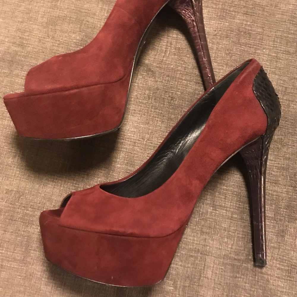 Brian Atwood Burgundy Peeptoe Suede Heels 7